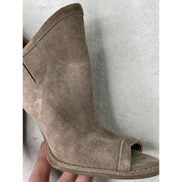 Lucky Brand Laretah Taupe Suede Leather Open Toe High‎ Heel Ankle Boots Size 9.5 - Picture 4 of 13